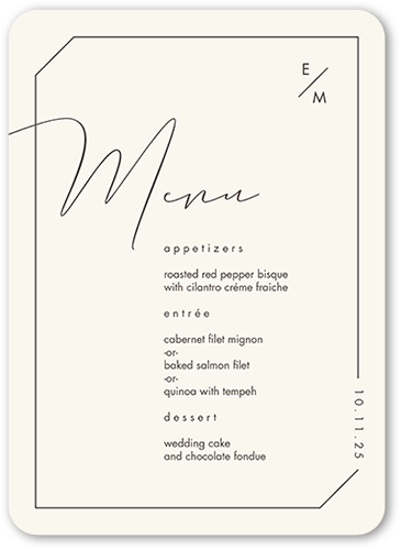 Angled Corners Wedding Menu, Beige, 5x7 Flat Menu, Pearl Shimmer Cardstock, Rounded