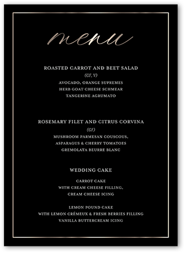 Elegantly Engaged Wedding Menu, Black, 5x7 Flat Menu, 100% Recycled Cardstock , Square