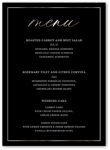 Elegantly Engaged Wedding Menu, Black, 5x7 Flat Menu, Pearl Shimmer Cardstock, Square