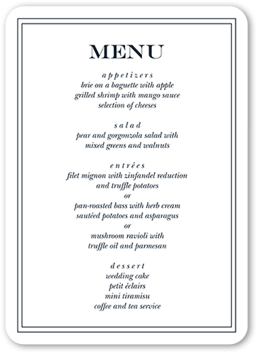 Classic Simple Script Wedding Menu, White, 5x7 Flat Menu, Pearl Shimmer Cardstock, Rounded