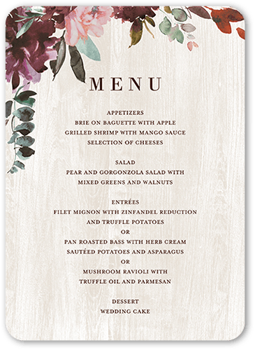 Muted Florals Wedding Menu, Red, 5x7 Flat Menu, Standard Smooth Cardstock, Rounded, Cabernet