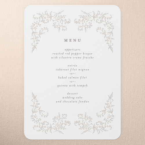 Delicate Florals Wedding Menu, White, 5x7 Flat Menu, Write Your Own Greeting, Pearl Shimmer Cardstock, Rounded