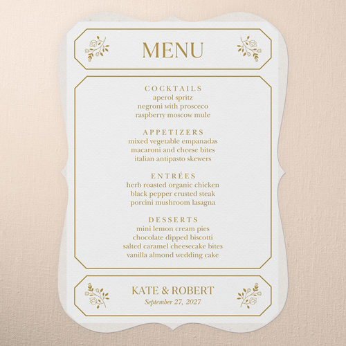 Eloquently Enclosed Wedding Menu, White, 5x7 Flat Menu, Write Your Own Greeting, Matte, Signature Smooth Cardstock, Bracket