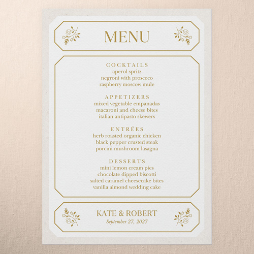 Eloquently Enclosed Wedding Menu, White, 5x7 Flat Menu, Pearl Shimmer Cardstock, Square