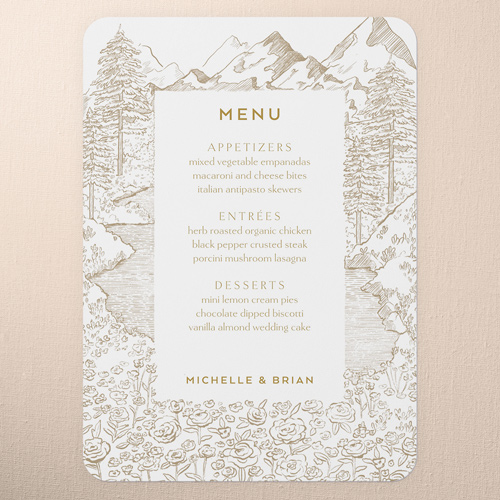 Alpine Affection Wedding Menu, Brown, 5x7 Flat Menu, Write Your Own Greeting, Pearl Shimmer Cardstock, Rounded