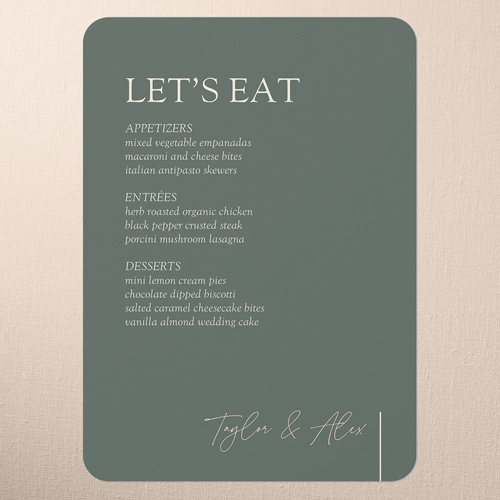 Divine Details Wedding Menu, Green, 5x7 Flat Menu, Write Your Own, 100% Recycled Cardstock , Rounded