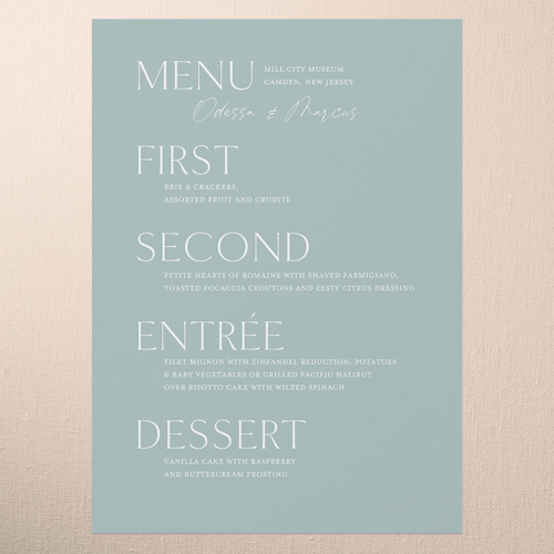 Staggered Type Wedding Menu, Green, 5x7 Flat Menu, 100% Recycled Cardstock , Square