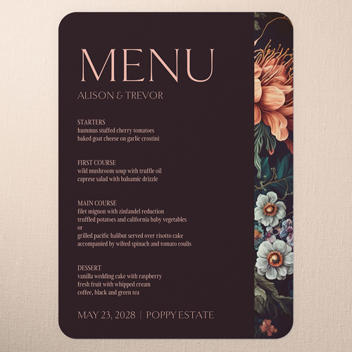Romantic Garden Wedding Menu, Purple, 5x7 Flat Menu, Standard Smooth Cardstock, Rounded, Raisin