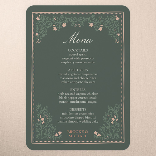 Botanical Trim Wedding Menu, Green, 5x7 Flat Menu, Standard Smooth Cardstock, Rounded, Green