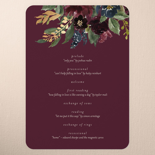 Bouquet Garland Wedding Program, Purple, 5x7 Flat Program, 100% Recycled Cardstock , Rounded, Spiced Wine