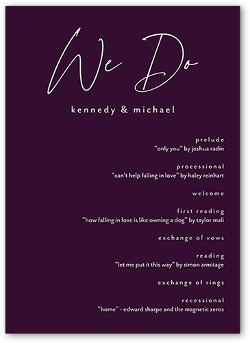 Regal We Do Wedding Program, Purple, 5x7 Flat Program, 100% Recycled Cardstock , Square, Eggplant