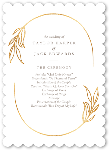 Ornate Oval Wedding Program, Yellow, 5x7 Flat Program, Pearl Shimmer Cardstock, Scallop