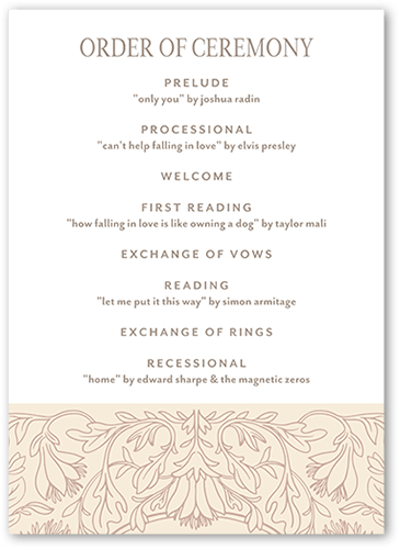 Newlywed Nouveau Wedding Program, White, 5x7 Flat Program, Pearl Shimmer Cardstock, Square, Almond