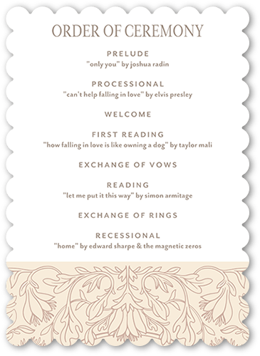 Newlywed Nouveau Wedding Program, White, 5x7 Flat Program, Pearl Shimmer Cardstock, Scallop