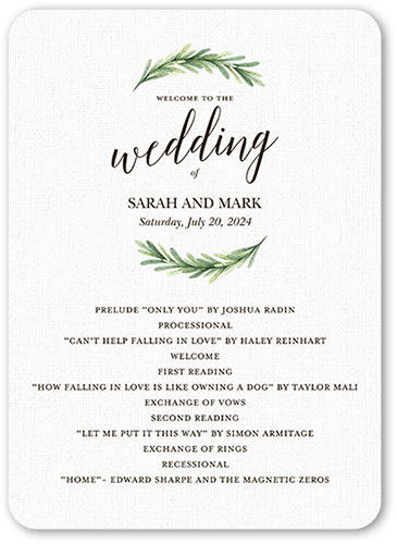 Arched Greenery Wedding Program, White, 5x7 Flat Program, Matte, Signature Smooth Cardstock, Rounded, White