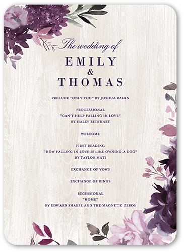 Muted Florals Wedding Program, Purple, 5x7 Flat Program, 100% Recycled Cardstock , Rounded, Blackberry Jam