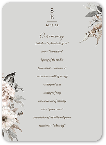 Neutral Florals Wedding Program, Grey, 5x7 Flat Program, Pearl Shimmer Cardstock, Rounded, Whisper Gray