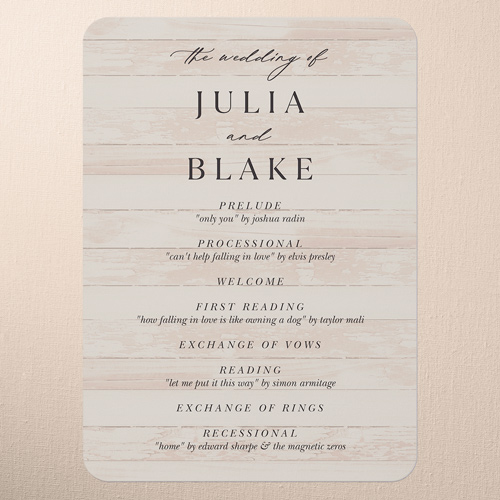 Wooden Wonders Wedding Program, Brown, 5x7 Flat Program, Pearl Shimmer Cardstock, Rounded