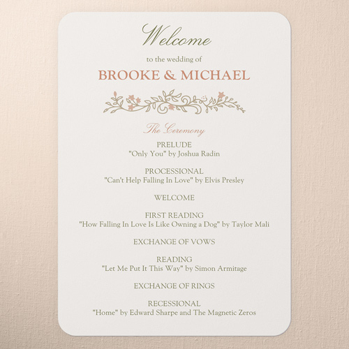 Botanical Trim Wedding Program, Beige, 5x7 Flat Program, 100% Recycled Cardstock , Rounded, Antique White