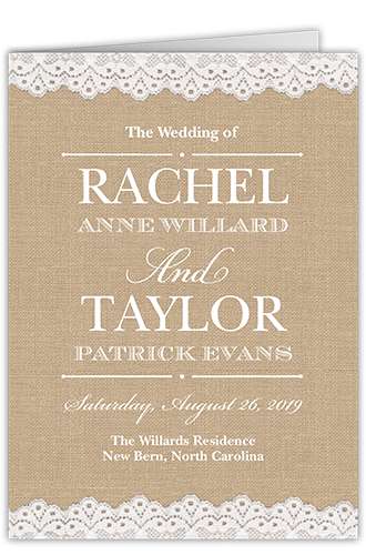 Burlap And Lace Wedding Program, Beige, 5x7, Matte, Folded Smooth Cardstock, Square