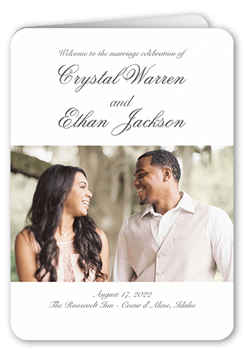 Minimal Script Wedding Program, White, 5x7, Pearl Shimmer Cardstock, Rounded
