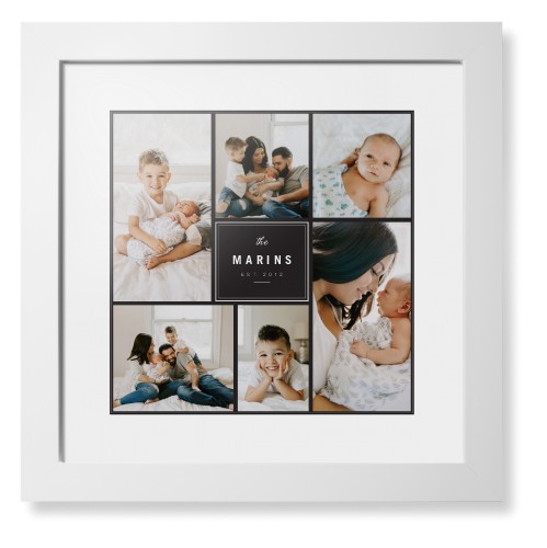 Contemporary Family Collage Framed Print, White, Contemporary, Black, White, Single piece, 12x12, Blue, cedar