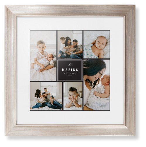Contemporary Family Collage Framed Print, Metallic, Modern, White, White, Single piece, 12x12, Blue, cedar