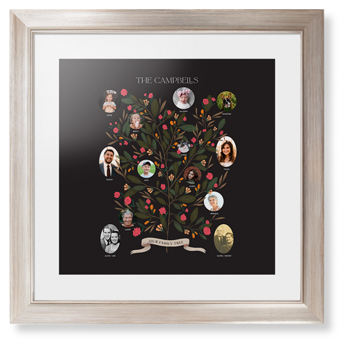 Blooming Family Tree Framed Print, Metallic, Modern, White, White, Single piece, 16x16, Black