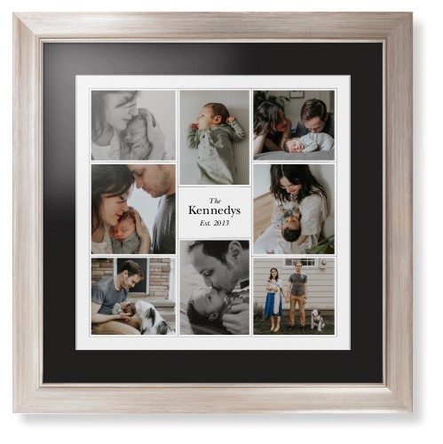 Modern Family Collage Portrait Framed Print, Metallic, Modern, White, Black, Single piece, 16x16, White