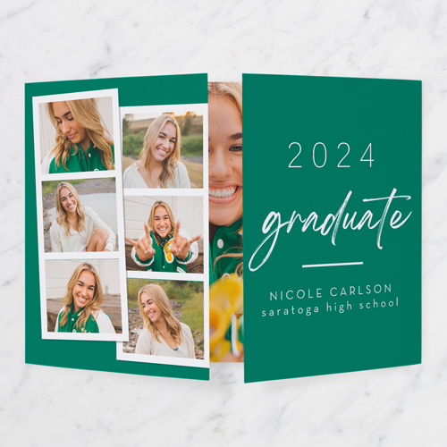 Snapshot Stack Graduation Announcement, Green, Gate Fold, Pearl Shimmer Cardstock, Square