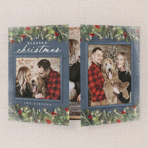 Festive Greenery Holiday Card, Blue, Gate Fold, Religious, Pearl Shimmer Cardstock, Square, Blue