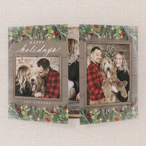 Festive Greenery Holiday Card, Beige, Gate Fold, Holiday, Matte, Folded Smooth Cardstock, Square, Rye