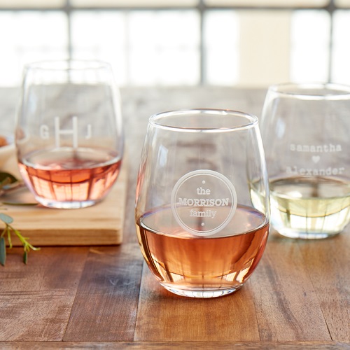 Circle Monogram Set of 4 Personalized Stemless Wine Glasses, 62088