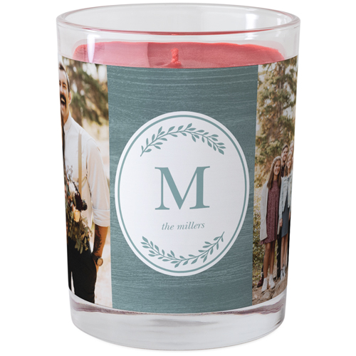 Woodgrain Botanical Monogram Glass Candle, Glass, Fireside Spice, 9oz, Blue