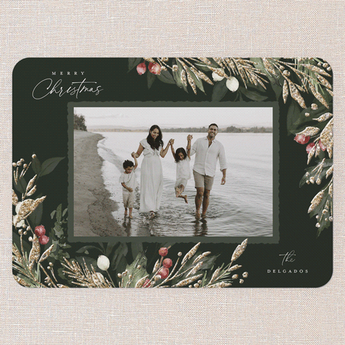 Elegant Evergreen Holiday Card, Green, Write Your Own, Antique Gold Glitter, Matte, Signature Smooth Cardstock, Rounded, Green Ink