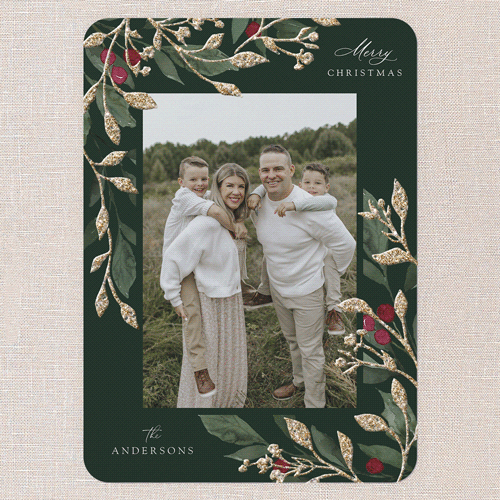 Sparkling Classic Berries Holiday Card, Green, Christmas, Antique Gold Glitter, Matte, Signature Smooth Cardstock, Rounded, Pine Grove