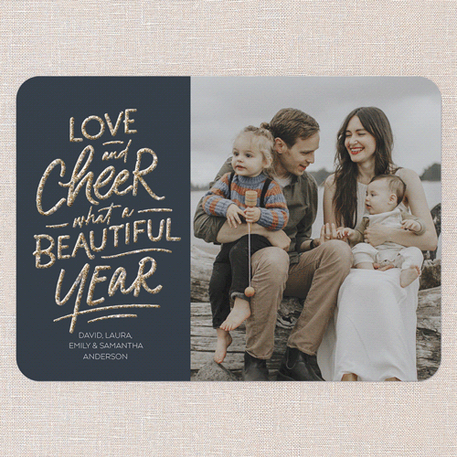 Golden Script Joy New Year's Card, Blue, New Year, Antique Gold Glitter, Matte, Signature Smooth Cardstock, Rounded, Nautical