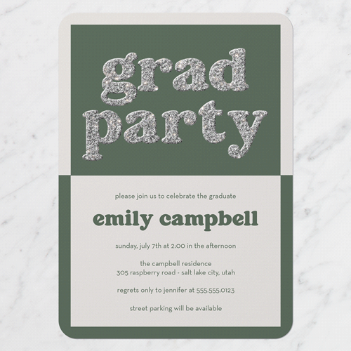 Double Time Shimmer Graduation Invitation, Green, Silver Glitter, Matte, Signature Smooth Cardstock, Rounded