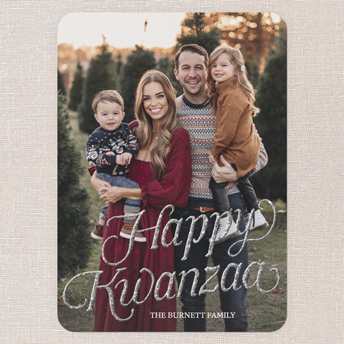 Luxe Holiday Greetings Holiday Card, Red, Kwanzaa, Silver Glitter, Matte, Signature Smooth Cardstock, Rounded, Ruby