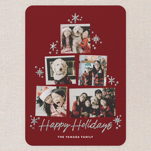 Tree Photo Layout Holiday Card, Red, Holiday, Silver Glitter, Matte, Signature Smooth Cardstock, Rounded, Red