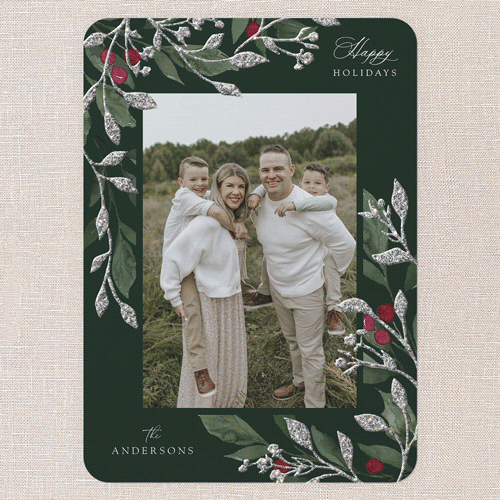 Sparkling Classic Berries Holiday Card, Green, Holiday, Silver Glitter, Matte, Signature Smooth Cardstock, Rounded, Pine Grove