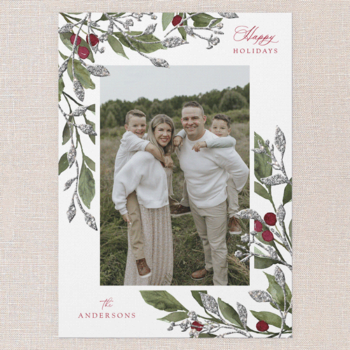 Sparkling Classic Berries Holiday Card, White, Holiday, Silver Glitter, Matte, Signature Smooth Cardstock, Square, White