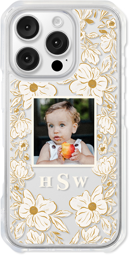 Classic Floral Monogram iPhone Clear Impact Case, Without Magsafe, Impact Clear, iPhone 16 Pro, Beige, antique white