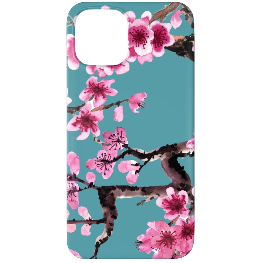 Sakura - Pink on Turquoise Phone Case, Silicone Liner Case, Matte, iPhone 11 Pro Max, Blue, True Blue