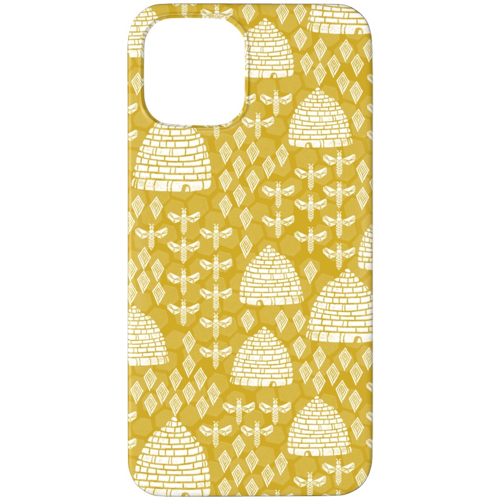 Bee Hives, Spring Florals Linocut Block Printed - Golden Yellow Phone Case, Slim Case, Matte, iPhone 12 Pro, Yellow