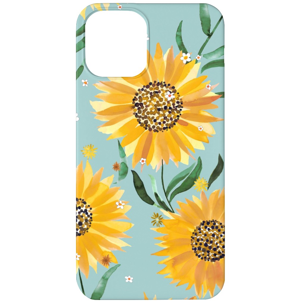 Watercolor Sunflowers - Yellow on Blue Phone Case, Silicone Liner Case, Matte, iPhone 12, Yellow