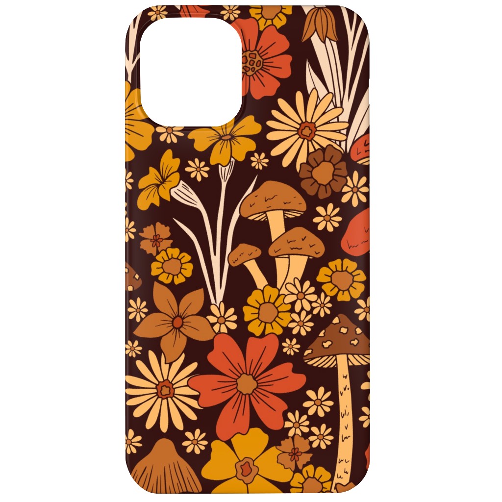 Retro 1970s Mushroom & Flowers - Brown and Orange Phone Case, Silicone Liner Case, Matte, iPhone 12, Orange, Orange