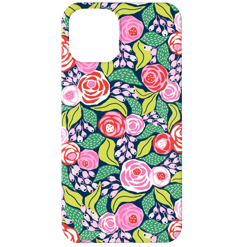 Colourful Papercut Roses - Pink on Dark Blue Phone Case, Slim Case, Matte, iPhone 12, Pink