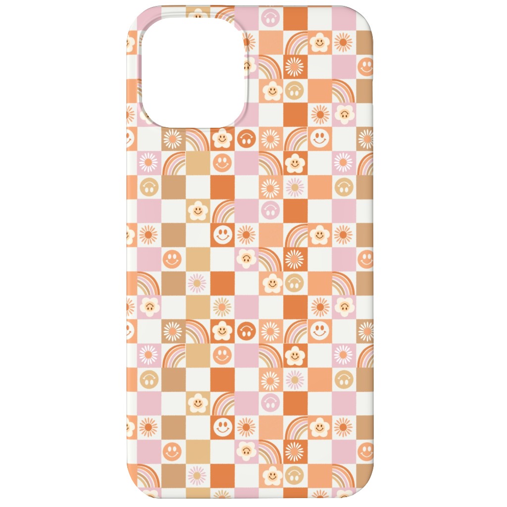 Retro Checkerboard - Daisy, Smile, Happy - Pink Orange Phone Case, Slim Case, Matte, iPhone 12, Orange