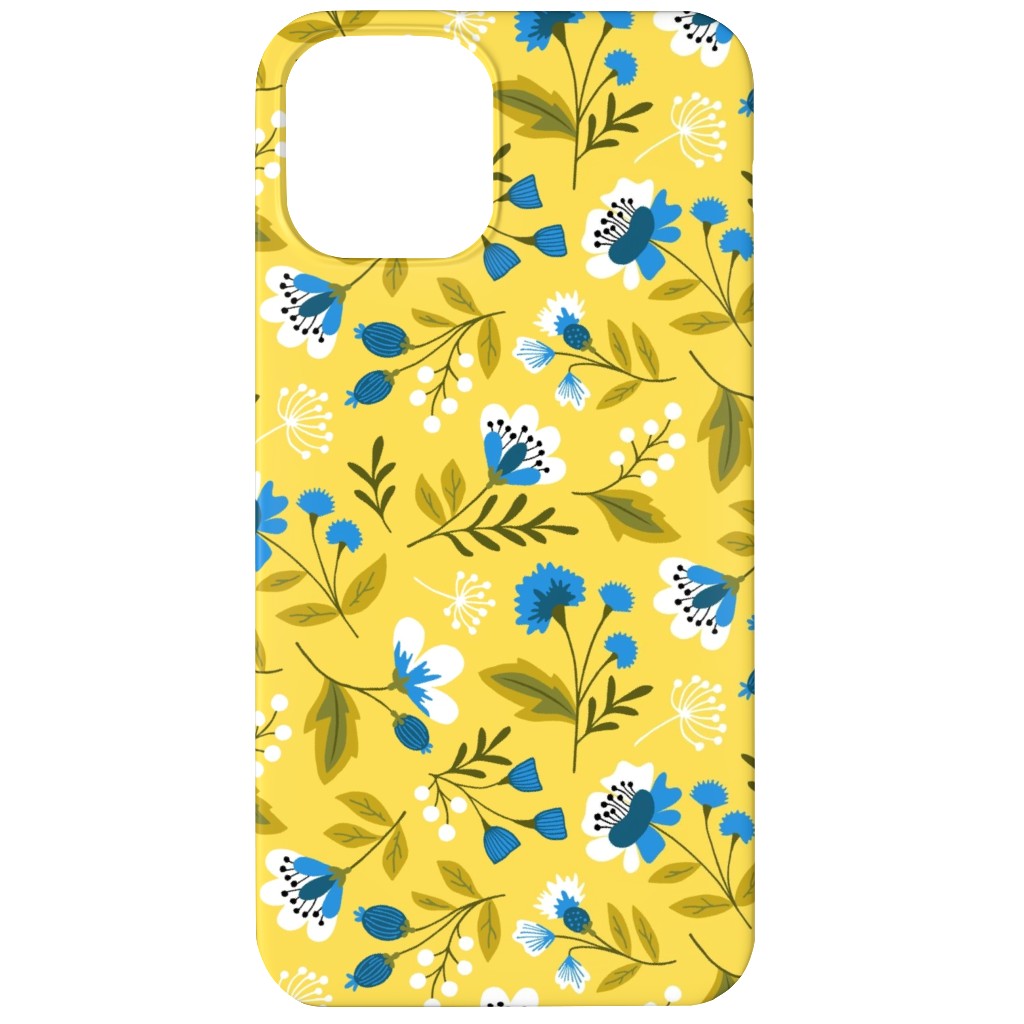 Colorful Spring Flowers - Blue on Yellow Phone Case, Slim Case, Matte, iPhone 12, Yellow, Classic Yellow